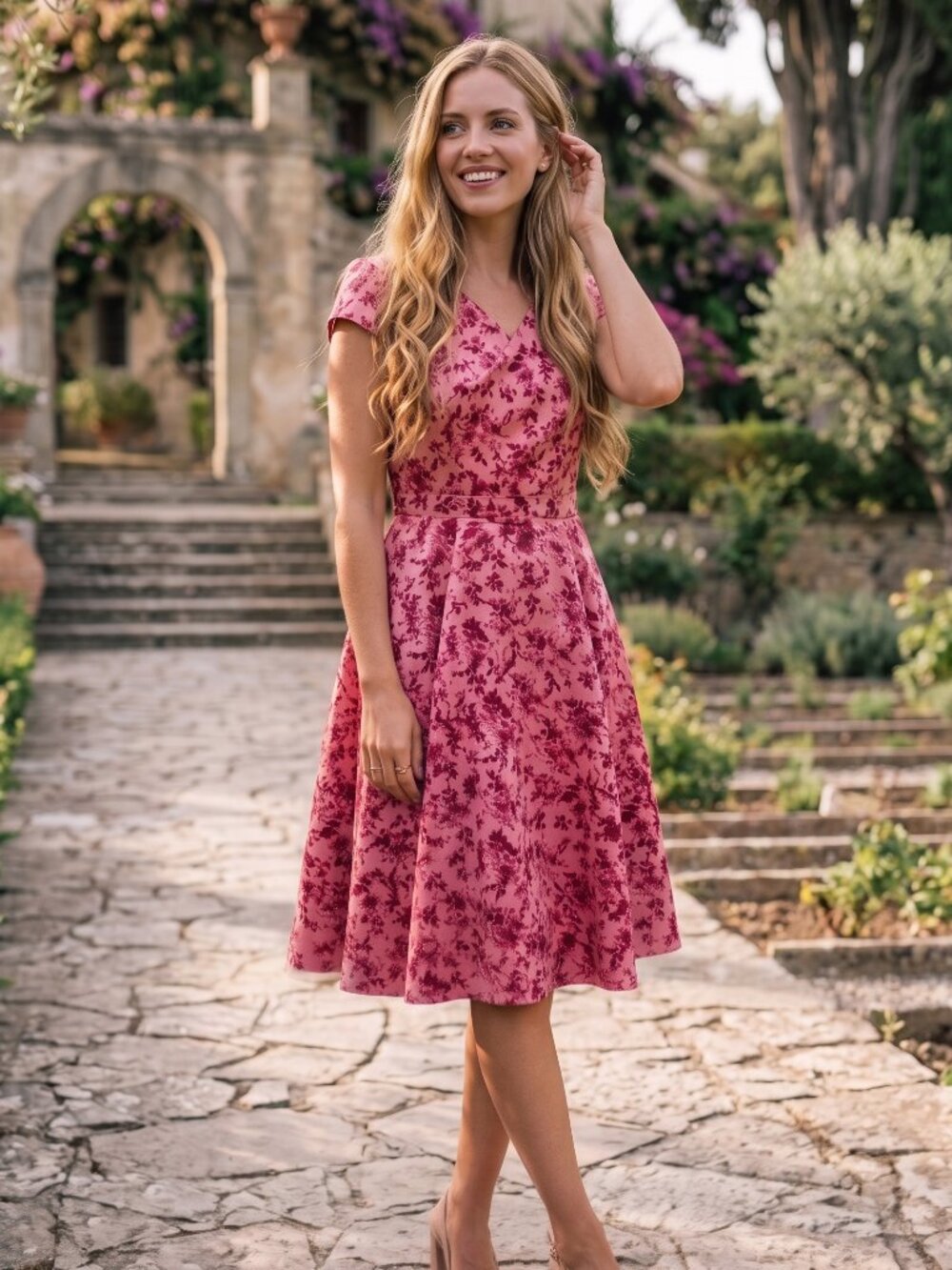 Gal Meets Glam Collection Pink Floral A-Line Dress Belted Cap Sleeve Petite 6P